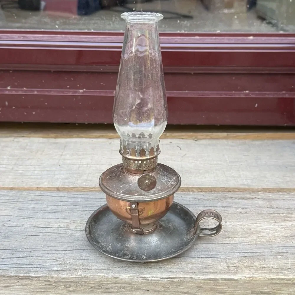 Vintage Copper Hurricane Finger Oil Lamp Swivel Base Thick Glass Shade